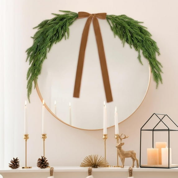 2.6 FT Christmas Mirror Garland Artificial Norfolk Pine Swag with Velvet Bow, Faux Greenery Garlands Christmas Wreath for Xmas, Christmas Decoration Indoor Decor(Light Brown)