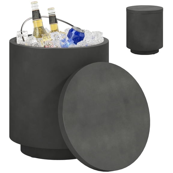 2.6 Gal 3in1 Outdoor Cooler Side Table, ConcreteStyle Cool Bar Table with Removable Stainless Steel Ice Bucket & Storage for Patio Pool Backyard