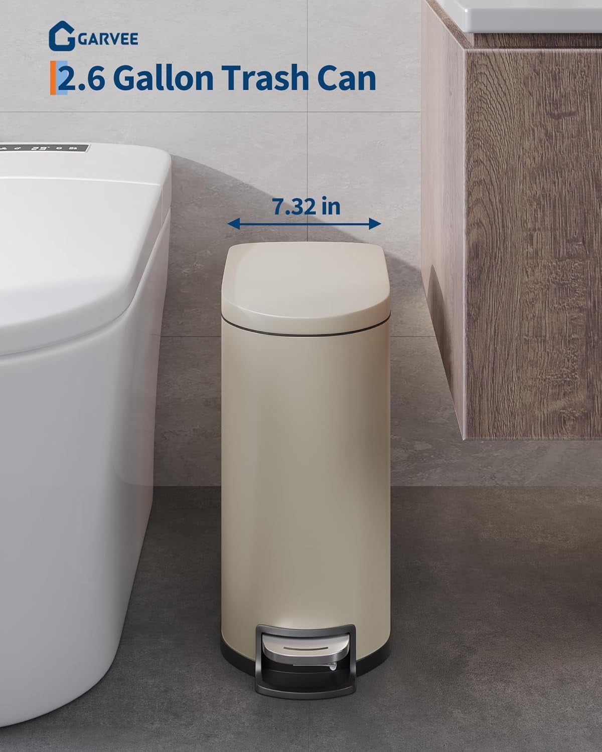 2.6 Gal Metal Bathroom with Lid, Slim Step-On Garbage Bin for Bedroom ...