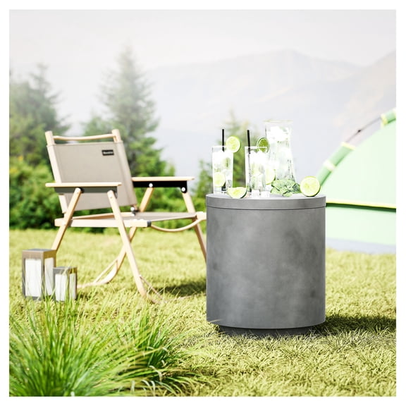 2.6 Gal Outdoor Side Table, 3-in-1 Concrete Cooler Bar Table with Storage, Gray