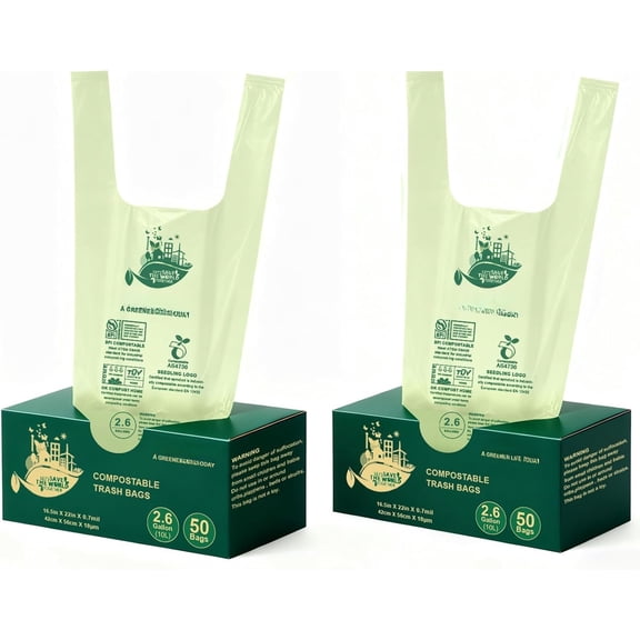 2.6 Gallon 100 Count,Compostable Bags Handle Tie, Resistant Kitchen Scrap Bag, ASTM D6400, BPI and OK Compost Certified