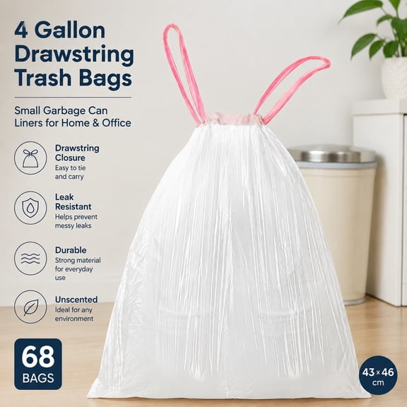 2.6 Gallon Drawstring Trash Bags, Small Clear Garbage Bags, 1.18 Mil Thick, 40x50cm, Pack of 68, Unscented Durable Liners