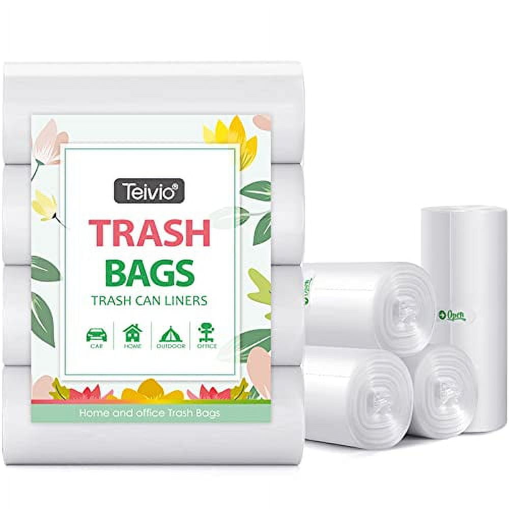 6 Gallon 100pcs Strong Drawstring Trash Bags Garbage Bags by Teivio,  Bathroom Trash Can Bin Liners, Plastic Bags for home office kitchen, White