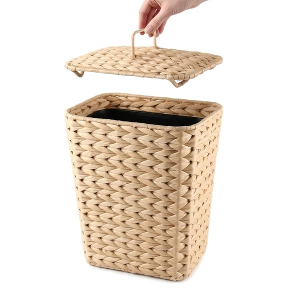 2.6 Gallon Wicker Trash Can with Lid, Handwoven Water Hyacinth Wastebasket with Removable Plastic Inner Bin, Small Decorative Rattan Trash Can for Bathroom Bedroom Office Kitchen