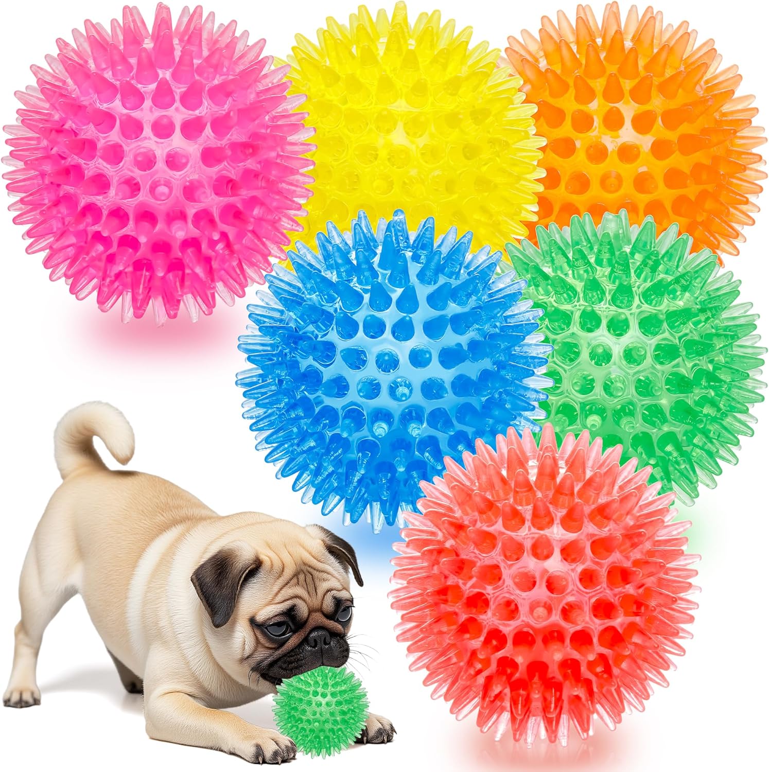 2.6” Heavy Duty Squeaky Balls for Dogs 6 Pack Puppy Chew Toys for Teething TPR Fetch Spike Dog Balls Dog Chew Toys for Small and Mideum Breed