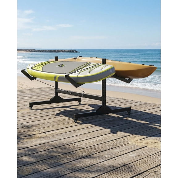 2-6 Kayak Freestanding Storage Rack with Wheels, Heavy-Duty Steel SUP Canoe Rack with Hanging Straps for Garage Dock Backyard