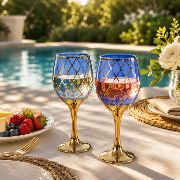 2 / 6 Pcs Shatterproof Wine Goblets Set, 12oz Plastic Stemware with Cobalt Blue Base & Rim, Reusable Cups for Weddings Birthdays Formal Events