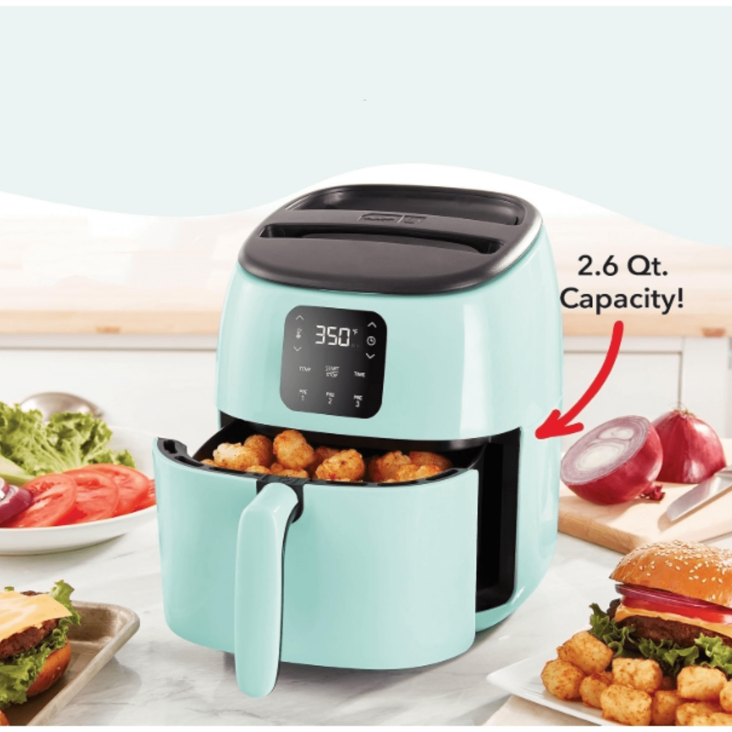 2.6 Qt., Aqua – Compact Air Fryer for Healthier Food in Minutes, Ideal for Small Spaces - Auto Shut Off, Digital,