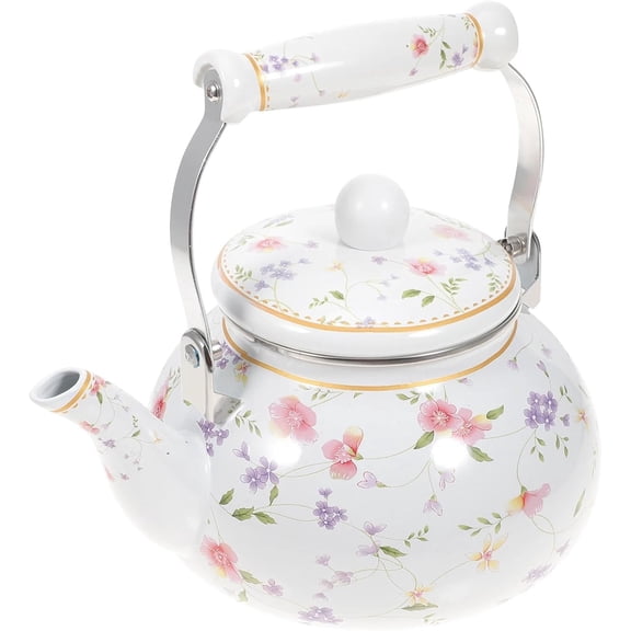 2.6 Qt Enamel Tea Kettle with Ceramic Handle, Vintage Floral Stovetop Teapot