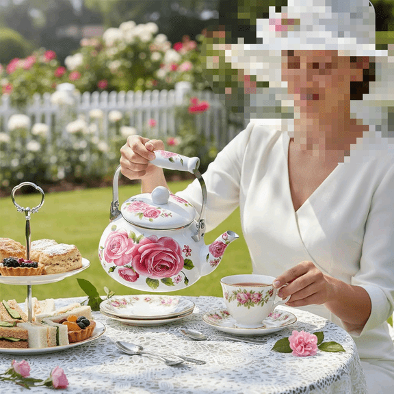 2.6 Quart Enamel Tea Pot for Stovetop, Pink Vintage Tea Kettle with Floral Pattern, 2.5 L Delicate Cute Steel Water Kettle Pot with Porcelain Handle$$Home Decor, Kitchen, & Other