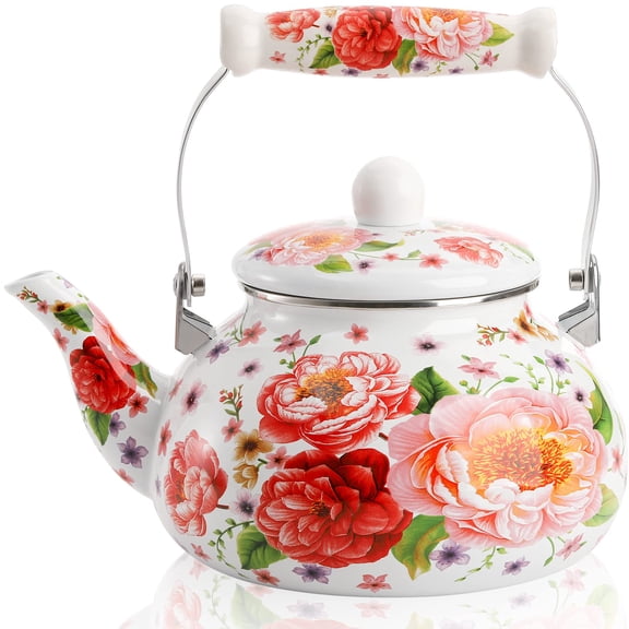 2.6 Quart Enameled Steel Teapot, Retro Floral Design, Stovetop Safe