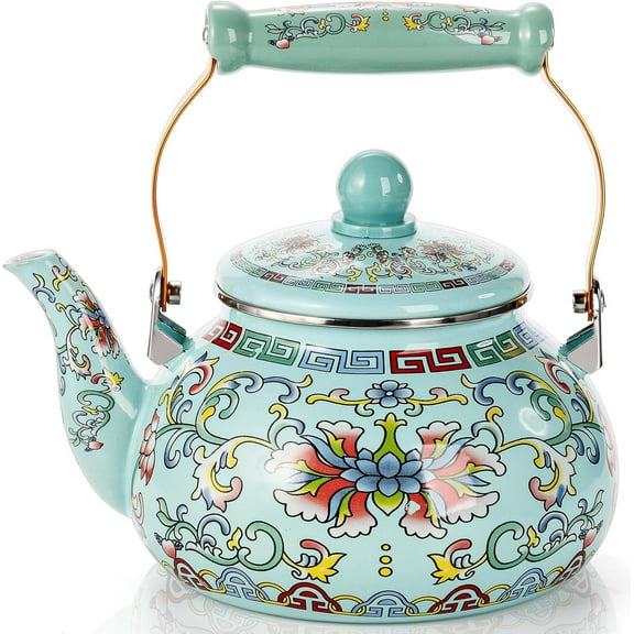 2.6 Quart Floral Enamel Tea Kettle, Vintage Enameled Teapot Stovetop, Enamel on Steel Water Coffee Tea Pot with Ceramic Handle, Colorful Hot Water Kettle for Home Kitchen Decor, No Whistling