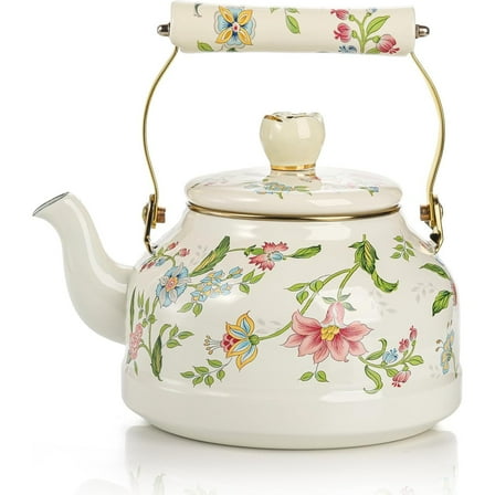 2.6 Quart Vintage Enamel Tea Kettle, Green Floral Enamel on Steel Teapot with Cool Touch Porcelain Handle for Stovetop Home Kitchen Decor, Gift for Housewarming Christmas New Year
