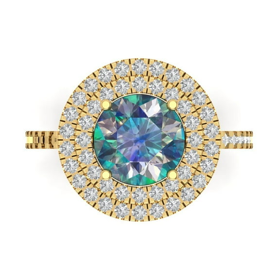 2.6 ct Round Cut Blue Moissanite with Simulated Diamond Halo Accents 14K Yellow Gold Womens Engagement Ring