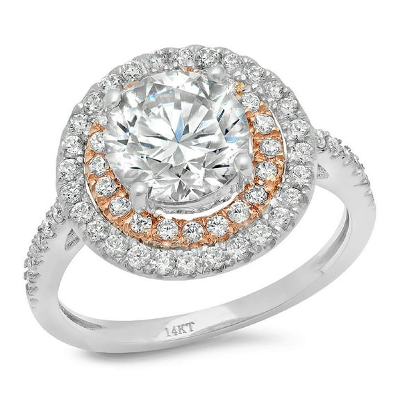 2.6 ct Round Cut Moissanite with Simulated Diamond Halo Accents 18K White/Rose Gold Womens Engagement Ring