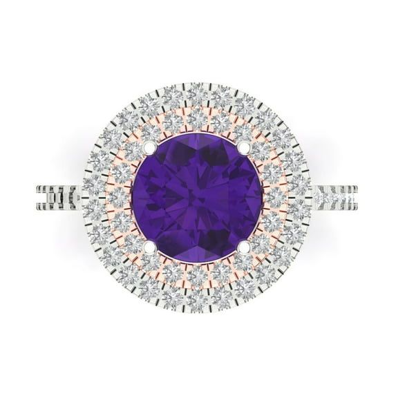 2.6 ctw with Simulated Diamond Halo Accents Anniversary Ring for Women | Round Cut Natural Amethyst | Hyperallergenic Solid 18K White/Rose Gold