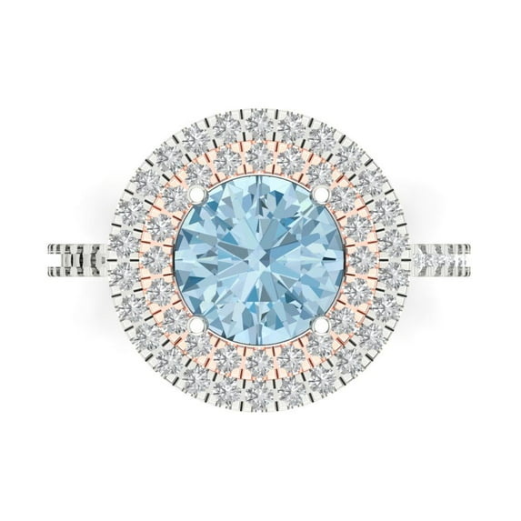 2.6 ctw with Simulated Diamond Halo Accents Anniversary Ring for Women | Round Cut Natural Aquamarine | Hyperallergenic Solid 18K White/Rose Gold