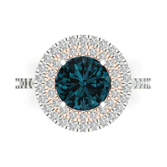 2.6 ct Round Cut Natural London Blue Topaz with Simulated Diamond Halo Accents 14K White/Rose Gold Womens Engagement Ring