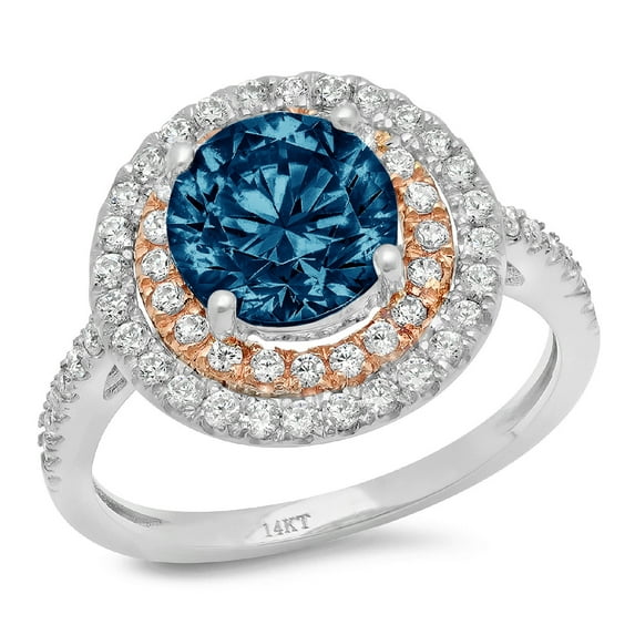 2.6 ct Round Cut Natural London Blue Topaz with Simulated Diamond Halo Accents 14K White/Rose Gold Womens Engagement Ring