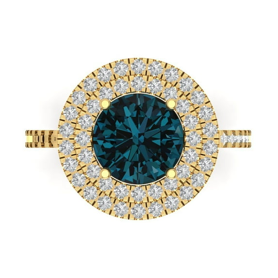 2.6 ct Round Cut Natural London Blue Topaz with Simulated Diamond Halo Accents 14K Yellow Gold Womens Engagement Ring
