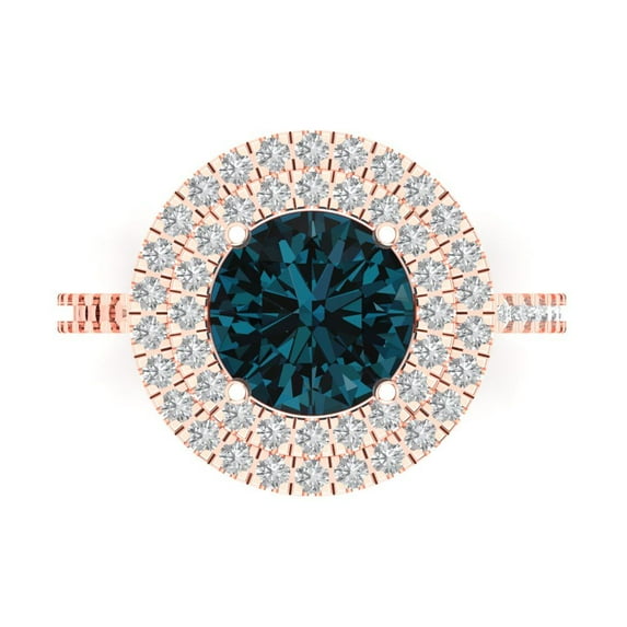2.6 ctw with Simulated Diamond Halo Accents Anniversary Ring for Women | Round Cut Natural London Blue Topaz | Hyperallergenic Solid 18K Rose Gold