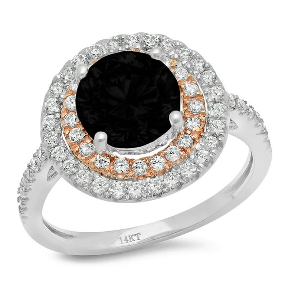 2.6 ct Round Cut Natural Onyx with Simulated Diamond Halo Accents 18K White/Rose Gold Womens Engagement Ring