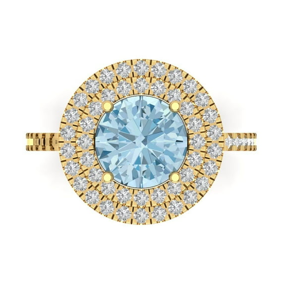 2.6 ctw with Simulated Diamond Halo Accents Anniversary Ring for Women | Round Cut Simulated Blue Diamond | Hyperallergenic Solid 14K Yellow Gold