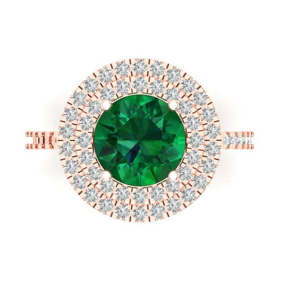 2.6 ctw with Simulated Diamond Halo Accents Anniversary Ring for Women | Round Cut Simulated Emerald | Hyperallergenic Solid 18K Rose Gold