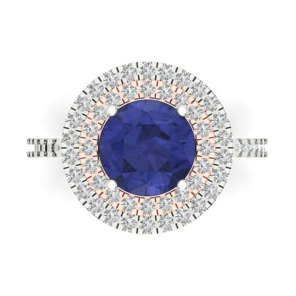 2.6 ctw with Simulated Diamond Halo Accents Anniversary Ring for Women | Round Cut Simulated Tanzanite | Hyperallergenic Solid 18K White/Rose Gold