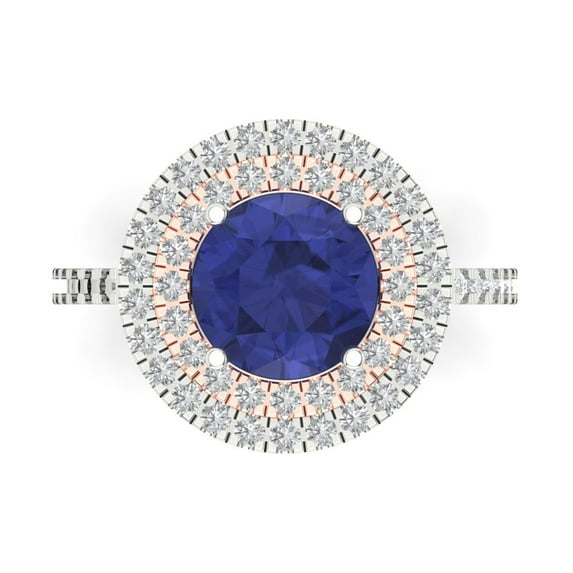 2.6 ctw with Simulated Diamond Halo Accents Anniversary Ring for Women | Round Cut Simulated Tanzanite | Hyperallergenic Solid 18K White/Rose Gold