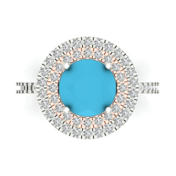 2.6 ctw with Simulated Diamond Halo Accents Anniversary Ring for Women | Round Cut Simulated Turquoise | Hyperallergenic Solid 14K White/Rose Gold