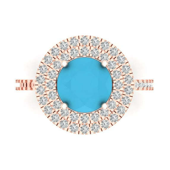 2.6 ctw with Simulated Diamond Halo Accents Anniversary Ring for Women | Round Cut Simulated Turquoise | Hyperallergenic Solid 18K Rose Gold