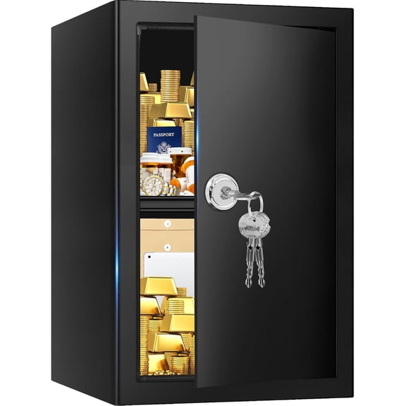 2.6 cubic feet fireproof safe with key lock, hidden steel safe with removable layers for cash, documents, and passports, personal safe for home/office, dimensions are 13.78 inches wide, 12.99 inches