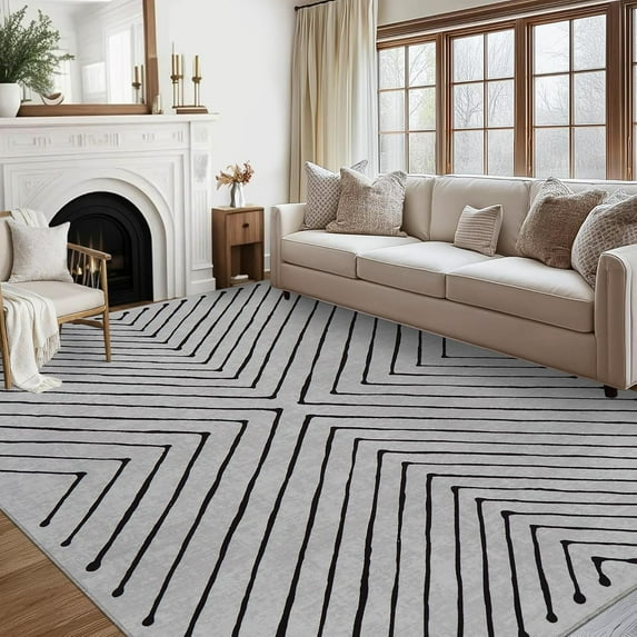 2*6 ft/4*6 ft/5*7 ft/8*10 ft/9*12 ft/10*13 ft Washable Living Room Rug Modern Geometric Stripe Area Rug Stain Resistant Easy Cleaning Indoor Carpet with Non-Slip Backing Low Pile Floor Cover