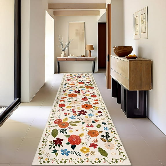 2'6''x 10' Boho Runner Rug for Hallways, Soft Non Slip Washable Runner Rug Floral Floor Carpet Runner Rug for Entryway Laundry Room Bathroom