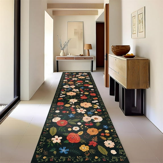 2'6''x 10' Boho Runner Rug for Hallways, Soft Non Slip Washable Runner Rug Floral Floor Carpet Runner Rug for Entryway Laundry Room Bathroom