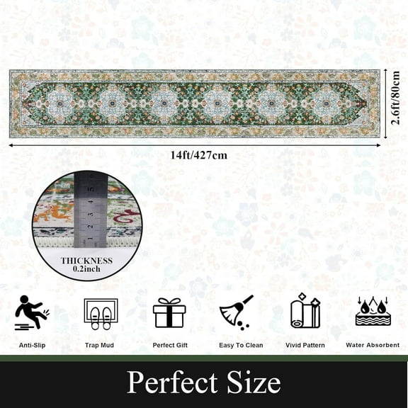2.6' x 14' Long Boho Hallway Runner Rug, Non Slip Washable Vintage Farmhouse Accent Area Rug Carpet for Kitchen Entryway Laundry and Living Room (Green)
