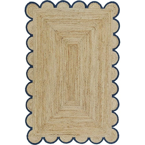 2.6 x 6 Feet ( 75 cm x 180 cm ) Natural Jute with Blue Scalloped Area Rugs , Home Decor Rugs