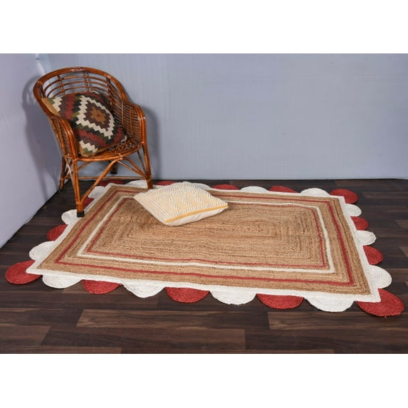 2.6 x 6 Feet ( 75 cm x 180 cm ) Natural Jute with Red Scalloped Area Rugs , Home Decor Rugs