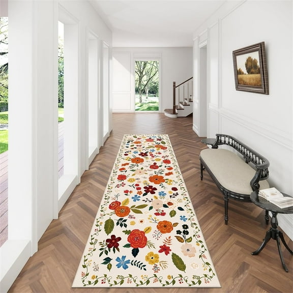 2'6''x 8' Boho Runner Rug for Hallways, Soft Non Slip Washable Runner Rug Floral Floor Carpet Runner Rug for Entryway Laundry Room Bathroom