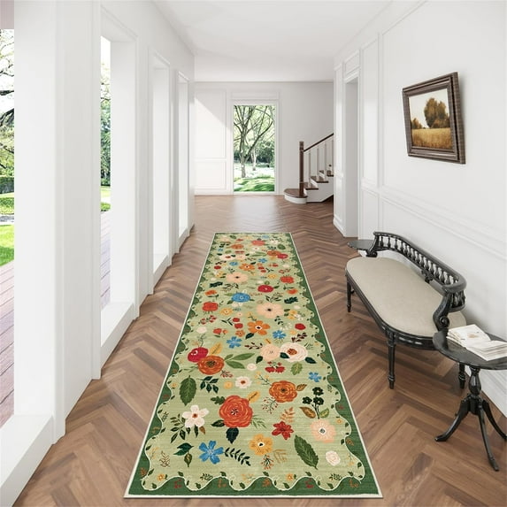 2'6''x 8' Boho Runner Rug for Hallways, Soft Non Slip Washable Runner Rug Floral Floor Carpet Runner Rug for Entryway Laundry Room Bathroom