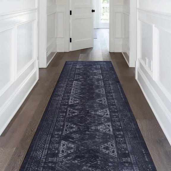 2'6''x10' Black Washable Runner Rug,Modern Long Low Pile Hallway Kitchen Carpet