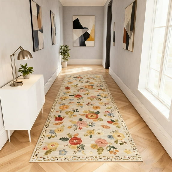 2.6'x8' Floral Living Room Rug, Soft Washable Area Rug 2.6'x8', Stain-resistant Non-slip Bohemian Bedroom Rug, Beige Floral