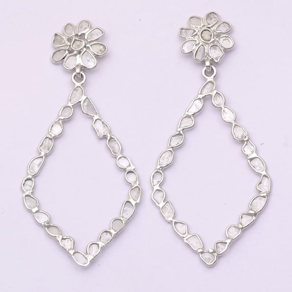 2.60 CTW Natural Diamond Polki Dangles 925 Sterling Silver Platinum Plated Delicate Handmade Slice Diamond Earrings