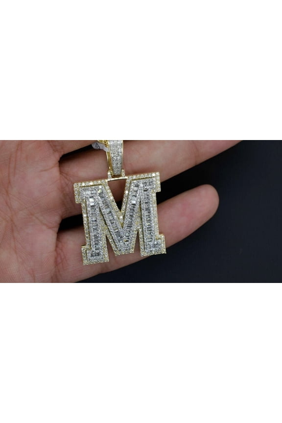 2.60 Ct Baguette Cut Simulated Diamond "M" Letter Pendant 14k Yellow Gold Plated