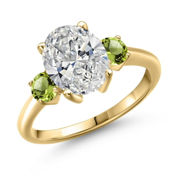 2.60 cttw IGI Certified Lab Grown Diamond and Green Peridot 3-Stone Engagement Ring for Women | 18K Yellow Gold Plated Silver | Center 2.00 Ct Diamond | E-F Color | VS1-VS2 Clarity | Size 5