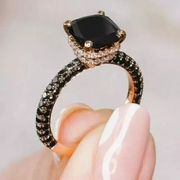 2.60Ct Cushion Cut Lab Created Black Diamond Engagement Ring 14k Rose Gold Plated