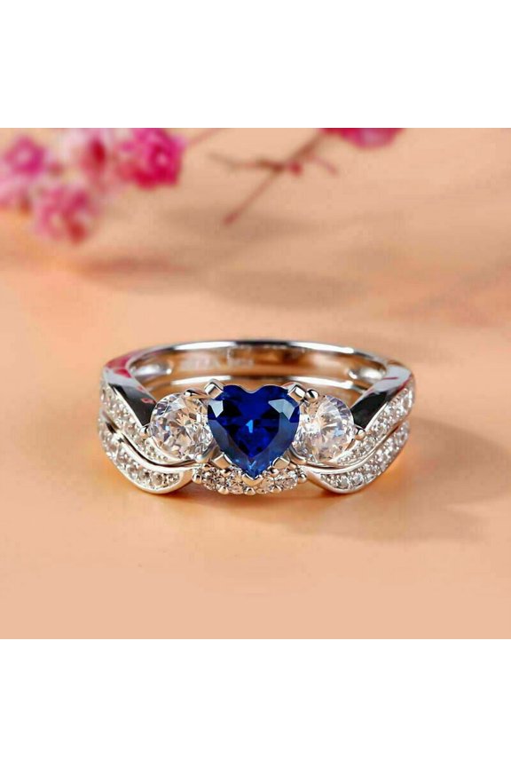 2.60Ct Heart Cut Lab Created Blue Sapphire Bridal Set Engagement Gift Ring 14K White Gold Plated Silver