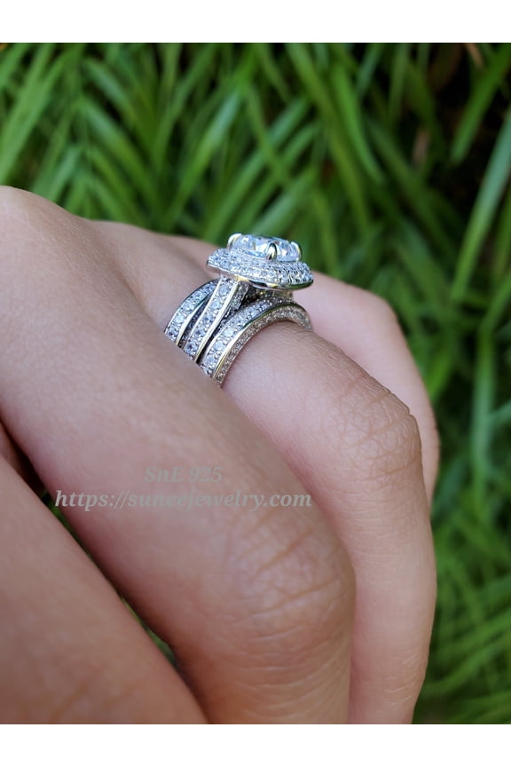 2.61ct Double Halo Cushion Cut with Heart Bridal Wedding Engagement Ring Diamond Simulated 925 Sterling Silver Anniversary Rings SKU:00234