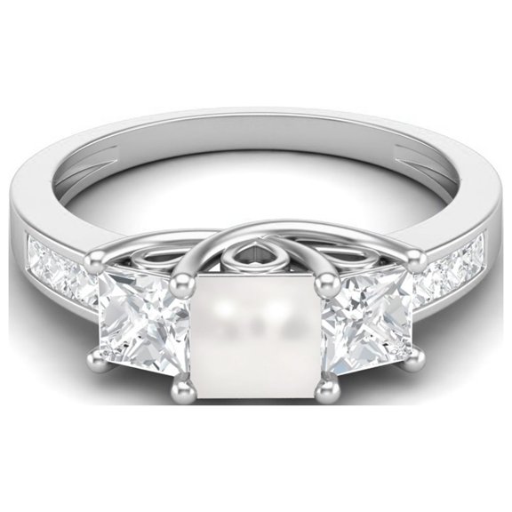 2.62 Cts Square Cut Halo Three Stone Pearl Gemstone 925 Sterling Silver Engagement Accent Valentines Day Gifts Ring for Women